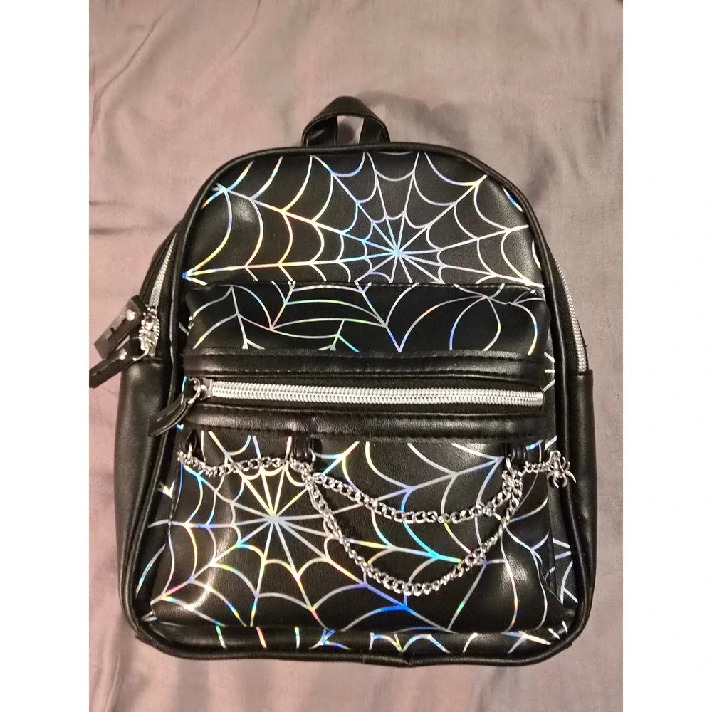Claire's Holographic Spiderweb Mini Backpack Black Faux Leather Goth Chain
